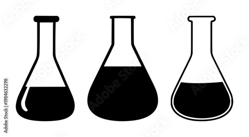 Laboratory flask icon set with solid black color and simple silhouette design featuring chemistry, science, experiment with glassware and equipment