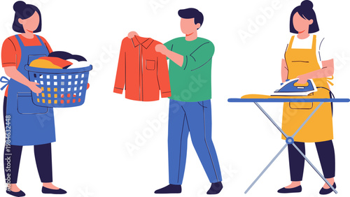 Household Chores Icon Set with Laundry, Ironing, and Clothes Folding for Home, Cleaning, and Domestic Tasks Design