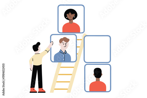 A man placing a photo of a colleague on a virtual organizational chart