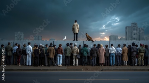 A group of people standing on top of a wall next to a dog