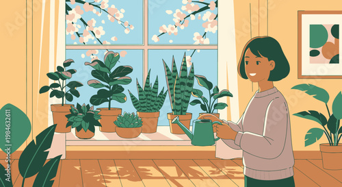 Woman tending to potted plants indoors.