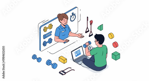 Isometric Online Personal Trainer and Fitness Coaching Concept with Man Exercising at Home Using a Virtual Workout Program on a Digital Screen