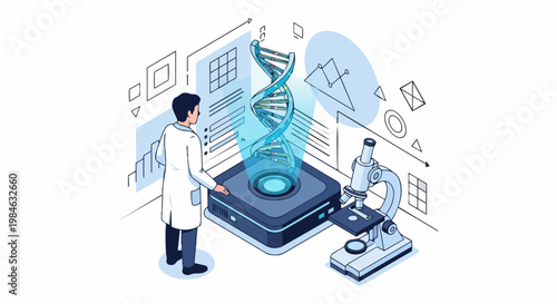 Scientist Researching Genetic Engineering and DNA Sequencing in Laboratory Isometric Vector Illustration
