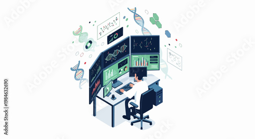 Scientist Analyzing Genetic Data and DNA Sequences on Multiple Monitors; Isometric Bioinformatics and Biotechnology Research Concept Illustration