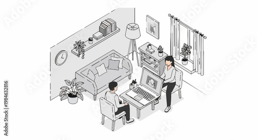 Isometric Line Art Illustration of a Couple Working Together on a Large Laptop in a Modern Home Office Living Room Setting