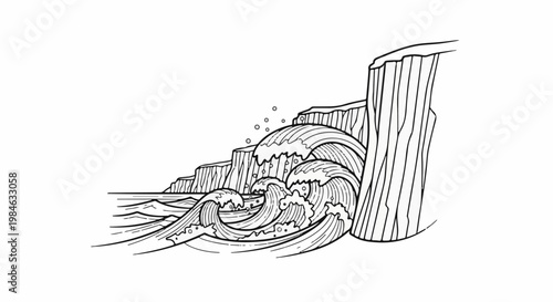 Stylized line art of powerful waves crashing against rocky cliffs