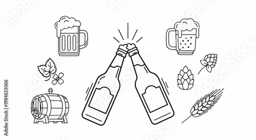 Stylized line art of beer-making ingredients and drinks for celebration