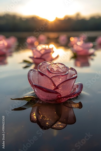 Translucent pink glass roses floating on calm water at sunset with reflections