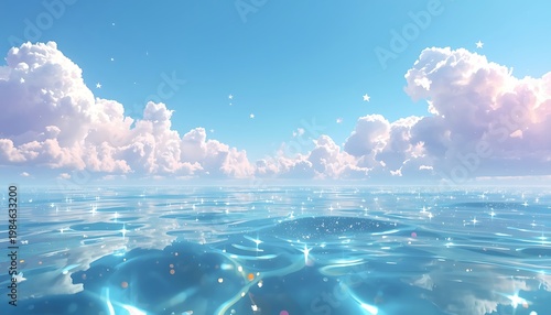 A serene dreamlike seascape features a light blue sky with fluffy clouds and sparkling ocean waves on a sunny day with a sense of calmness and tranquility in the natural scenery