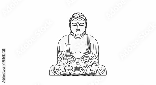 Stylized line drawing of a seated Buddha figure in meditation pose