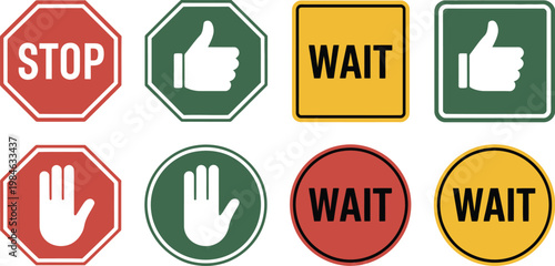 Stop wait and go traffic sign icon set, red yellow and green signal symbols for traffic control public safety road signage and transportation design.
