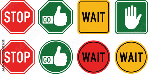 Stop wait and go traffic sign icon set, vector collection of red yellow and green signals for traffic control safety signage and transportation system design.