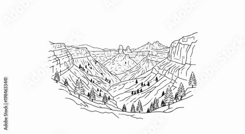 Stylized line drawing of a vast canyon with layered cliffs and scattered trees