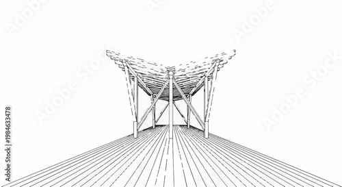 Stylized line drawing of a wooden architectural structure, viewed from the front