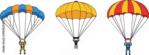 Parachuting Icon Set with Colorful Parachutes and Skydivers for Adventure, Sports, and Outdoor Activities Design