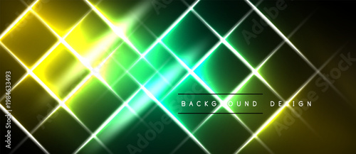 Bright neon grid pattern. Green, yellow light beams intersect. Dark background creates dramatic visual effect. Modern design element.