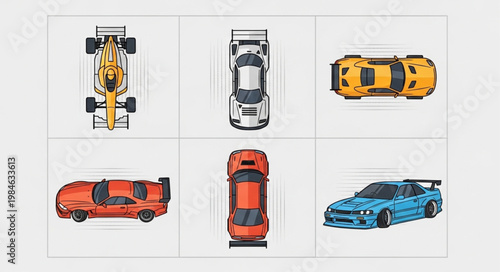 Collection of diverse sports cars viewed from above.