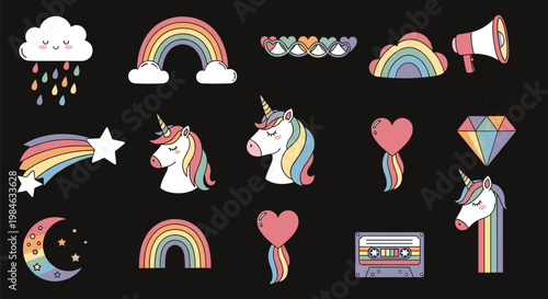 Rainbow unicorn doodles set, colorful fantasy vector illustration, whimsical icons collection, playful design elements, magical artwork highlights, flat vector illustration