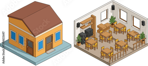 House and Interior Room Design Set with Exterior and Dining Room Layouts for Architecture, Home Decor, and Residential Projects