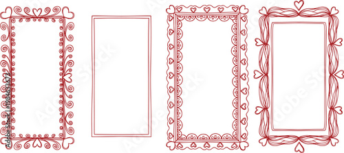 Red decorative frames collection, ornate heart borders, romantic doodle motifs, scalloped edge design, swirling scrollwork, elegant love theme, flat vector illustration
