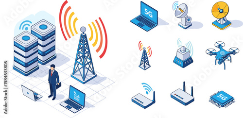 Telecommunication and 5G Technology Icon Set with Towers, Routers, Laptops, Drones, and Wireless Signals for Networking and Digital Connectivity Design