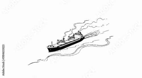 Stylized drawing of a cargo ship moving through water