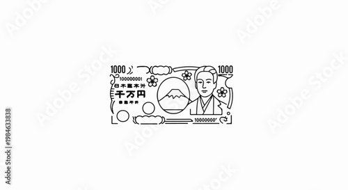 Stylized illustration of a paper currency note featuring a portrait, a mountain, and floral elements