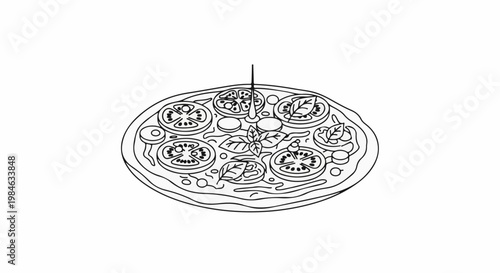 Stylized drawing of a circular pizza with tomato slices and green leaves