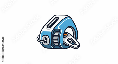 Stylized cartoon of a futuristic blue and white mechanism