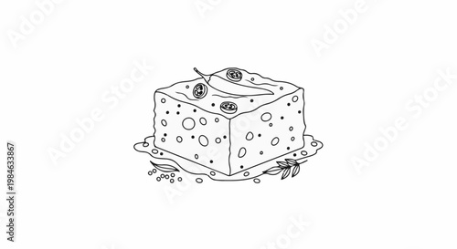 Stylized drawing of a cubed block of cheese with toppings and scattered peppercorns