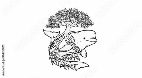 Stylized drawing of a dolphin with a tree growing from its body