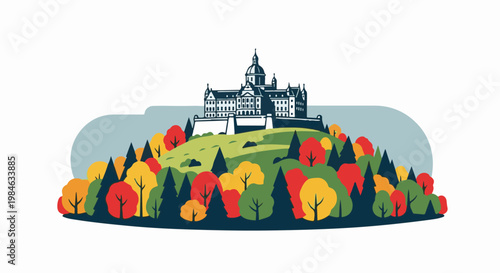 Stylized castle on a hill surrounded by colorful autumn trees