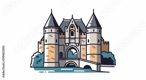 Stylized castle with conical towers, arched bridge, and water