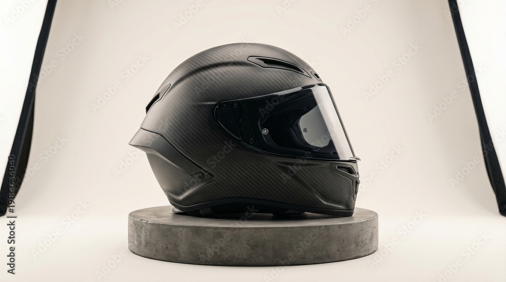 Obraz premium A side view of a black carbon fiber motorcycle helmet resting on a circular concrete pedestal in a studio, professional racing gear, safety protection, sleek automotive design.