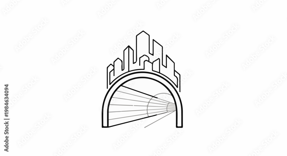 Naklejka premium Stylized city skyline over a tunnel with perspective lines