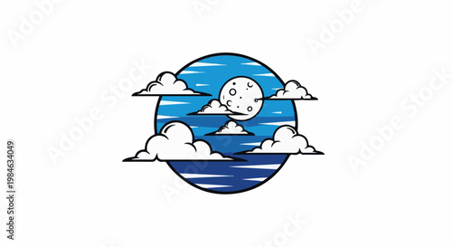 Stylized circular moonlit sky with fluffy clouds and dark blue waves