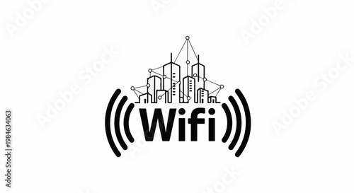 Stylized city skyline connected by digital network lines, with Wi-Fi signal waves
