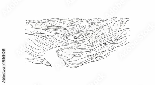 Stylized drawing of a winding river flowing through a mountainous valley