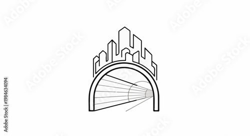 Stylized city skyline over a tunnel with perspective lines