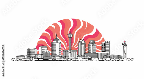 Stylized city skyline with a vibrant, radiating sunset behind it