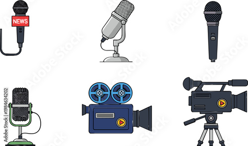 Media and Microphone Icon Set with News, Studio, and Camera Microphones for Broadcasting, Journalism, and Audio Visual Design
