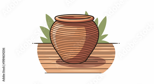 Stylized clay pot with plant leaves on wooden platform
