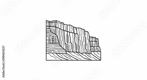 Stylized black and white illustration of layered rock formations, suggesting canyons or mesas