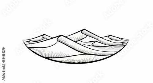 Stylized black and white illustration of rolling desert sand dunes