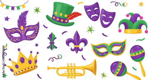Mardi Gras Celebration Icon Set with Masks, Hats, Crowns, Trumpet, and Colorful Decorations for Festive and Carnival Designs