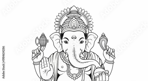 Stylized black and white illustration of the Hindu deity Ganesha