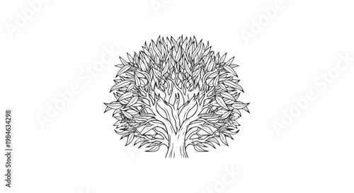 Stylized black and white ink drawing of a tree with lush foliage