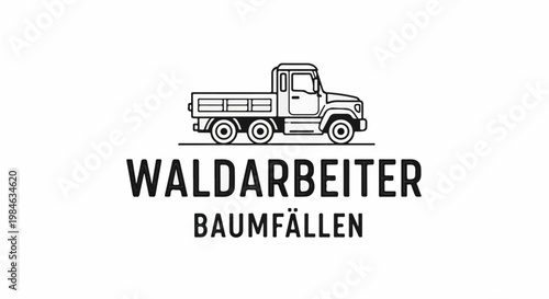 Stylized black and white logo featuring a flatbed truck above two lines of text