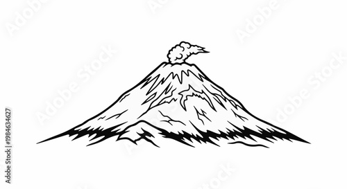 Stylized black and white drawing of a smoking volcano with a jagged summit