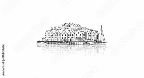 Stylized black and white drawing of a waterfront town with a sailboat